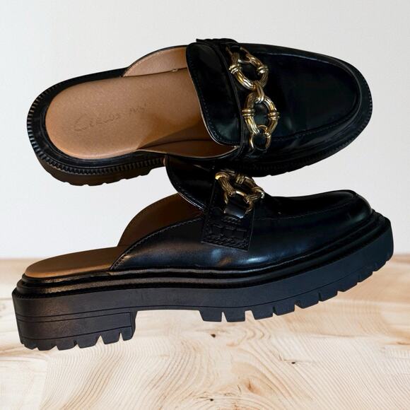 Circus by Sam Edelman Sz 6 Evangeline Black Lug Sole Slip On Mules Loafer Trendy - Picture 4 of 9